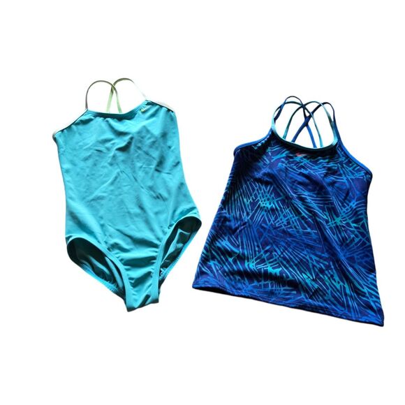 Nike Girls Swimsuit One Piece 10 Blue & Tankini Top‎ Size 14 - Picture 1 of 7